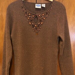 Dg2 by Diane Gilman Vintage Brown Copper Metallic Shimmer Beaded Keyhole Top
